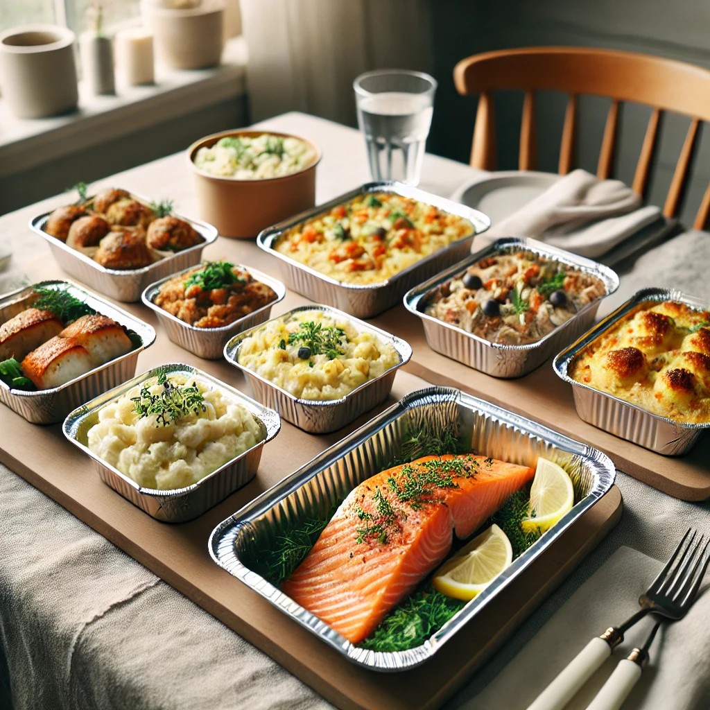 Un comedor de estilo n&oacute;rdico con recipientes de papel de aluminio llenos de platos tradicionales noruegos. Los contenedores contienen alimentos vibrantes como la parrilla.