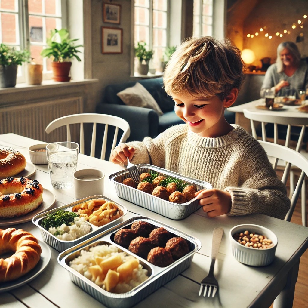Comida tradicional danesa servida en un recipiente de papel de aluminio.