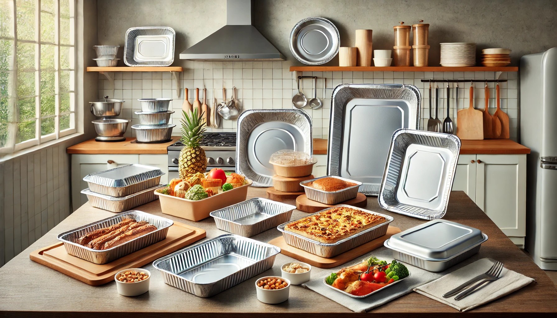 Una colecci&oacute;n de diversos art&iacute;culos de vajilla de papel de aluminio expuestos en un lugar limpio.